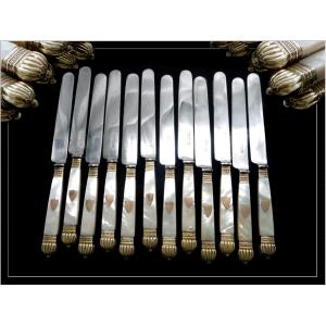 Service 12 Large Table Knives Charles X Period Sterling Silver And Vermeil - Steel Blades