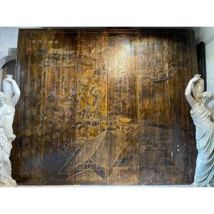 Chinese Screen In Chinese Lacquer From The XIXth Century 2m80 X 3m33