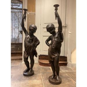 Pair Of “cherub” Torchieres In Cast Iron, Val d'Osne Foundry 19th Century