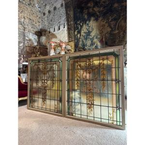 Pair Of Art Nouveau Stained Glass Windows In Louis XVI Style 