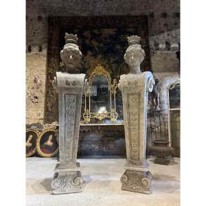 Pair Of Monumental Patinated Plaster Terms Circa 1950 