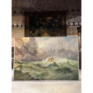 Monumental Oil On Canvas “rough Sea” By Jean Baptiste Scoriel (1883-1956)