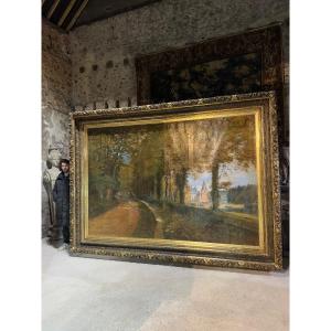 Monumental Oil Painting On Canvas Depicting The Château De Maintenon, 380 Cm X 270 Cm 