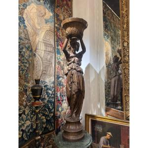 Antique Draped Woman In Patinated Spelter, 1.55m
