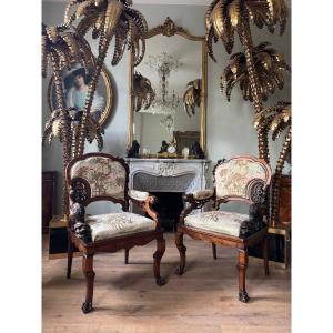 Pair Of Japanese-style Armchairs Attributed To Gabriel Viardot, Dating From The Napoleon III Period