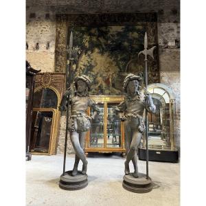 Pair Of Cast Iron Halberdiers Signed By édouard Houssin, Dated 1882