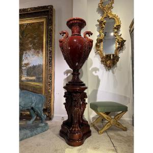 Monumental Ceramic Basin On A Pedestal, Attributed To Clément Massier 