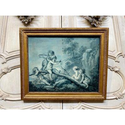 Oil On Canvas In Grisaille Early XIXth Century, Putti Scene