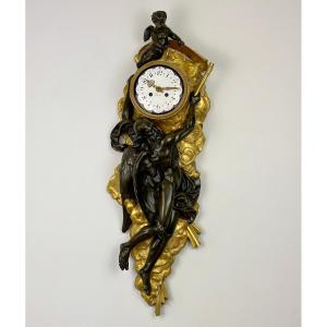 Important Wall Cartel In Bronze With Double Patinas - Chronos And A Cherub