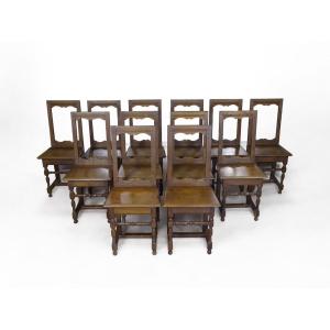 Set Of 12 Turned And Molded Wooden Chairs, France, 19th Century