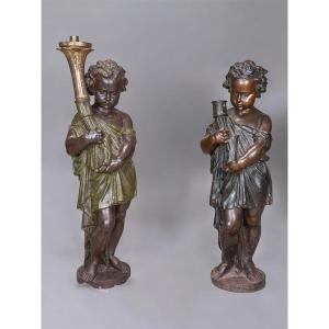 Mathurin Moreau - Pair Of Putti Torch Holders In Cast Iron - Val d'Osne Foundry