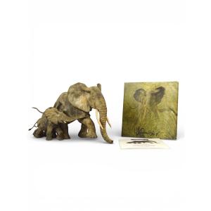 Vandenberghe François - "trop La Vitesse" Group Of 3 Patinated Bronze Elephants "african Land"