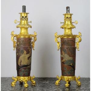 édouard Lièvre And Ferdinand Barbedienne - Pair Of Japanese-style Terracotta And Bronze Lamps