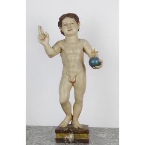 Important Statue Of The Infant Jesus Salvator Mundi, Polychrome Wooden Religious Sculpture