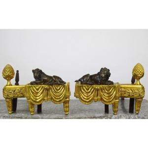 Pair Of Andirons With Lions In Finely Chased And Gilded Bronze, Attributed To Thomire And Boizot
