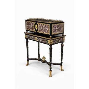 Central Planter And Its Base In Cloisonné Enamel, Blackened Wood And Gilded Bronze