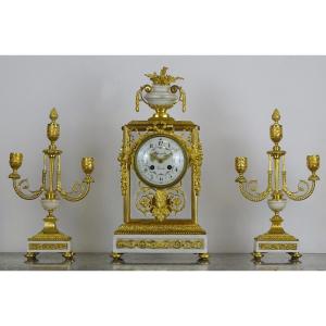 Louis XVI Style Mantel Set - Cage Clock And Its Candelabras - Marble And Bronze