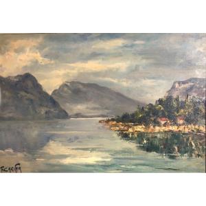 Francis Cariffa 1890-1975 Lac Du Bourget Large Oil Savoie