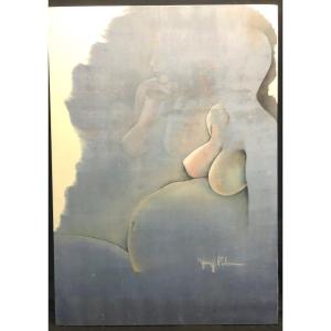 Guy PATRIER XXe Grande huile 110x78cm Femme enceinte Fond d’atelier 70