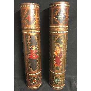 Iran Perse Pair Of Cylindrical Boxes With Painted Kadjar Decor