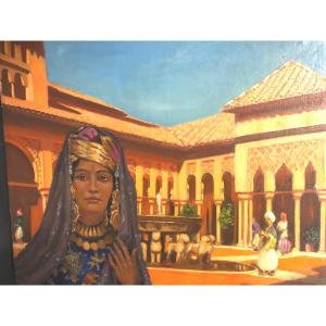 Pierre Christian Ganne 1902-1984 Large Oil Orientalist Alhambra Grenada Spain Morocco
