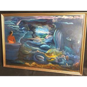 Louis P. Fabien 1924-2016 Large Dreamlike Oil Young Woman With Marine Decor Sea Fish
