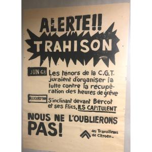 Rare Poster May June 68 Citroën Treason Alert Cgt