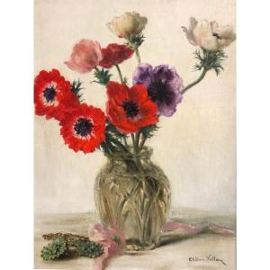 Alexis Vollon 1865-1945 Oil Bouquet Of Anemones Flower Of Love Drouant