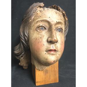 17th Century Polychrome Wooden Sculpture Woman's Head On Pedestal