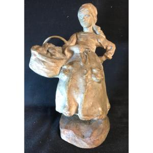 Ruth Milles 1973-1941 Sweden Young Breton Woman With Basket Terracotta Pont Aven
