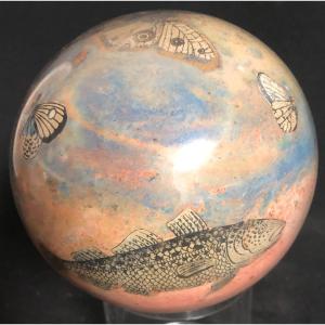 Nineteenth Wig Ball Decor Of Butterfly Fish And Fantastic Characters In Eglomise Glass