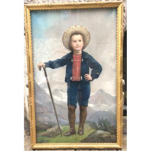 Bernard Pegot 1830-1900 Important Pastel Young Mountaineer 139x90 Cm Mountain Alps Toulouse