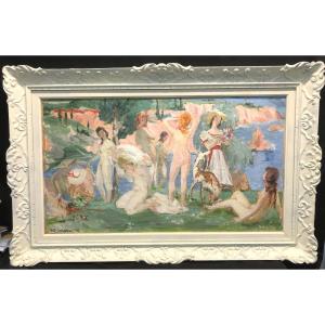 Serge Henri Moreau 1892-1963 Important Nude Bathers Oil 1942 Art Deco