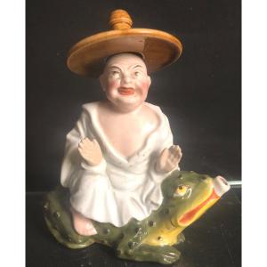 Rare Chinese Magot Inkwell On A Frog Nineteenth Polychrome Porcelain China
