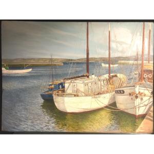 Pierre Roig 1905-1963 Important Oil Boats In Port In The Mediterranean 73x100cm Lyon