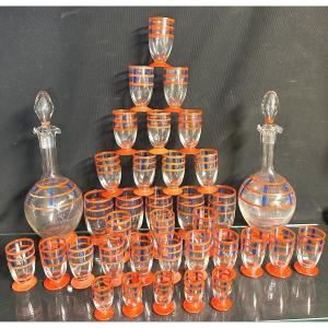 Important Service Of 36 Glasses And 2 Carafes 1940/1950 In Very Good Red And Blue Condition