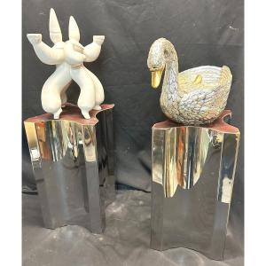 Pair Of Sheaths 1970 In Polished Steel, Selettes Ends Of Sofa Bases