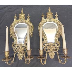 Pair Of Nineteenth Bronze Mirror Sconces With 2 Arms Of Light Louis XIV Style