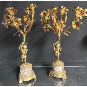Pair Of Nineteenth Candelabra With Cherubs With 4 Lights Candlesticks Putti Angels