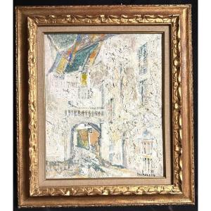 Claude Dechezelle 1928-2003 Rare Oil Patmos Alley Of Chora Island In Greece White