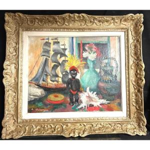 Hortense Pironin 1890-1963 Large Oil Travel Souvenirs Brittany Boat Salon From 1957