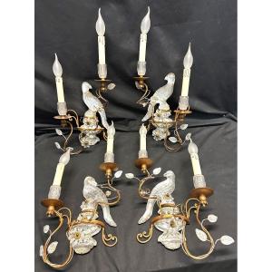 Maison Baguès In Paris Rare Suite Of 4 Wall Lamps With 2 Lights Parrot Or Parakeet 1950 In Very Good Condition
