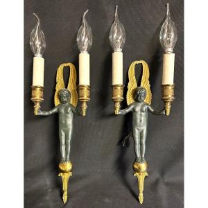 Pair Of 19th Century Double Sconces With Cherubs With Double Patina Angels Putti Brand Gr En Creux Angel