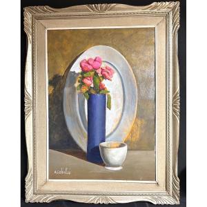 Angelo Cesare Chiellini 1916-1991 Large Oil Bouquet Of Flowers Italian Artist From Livorno /1