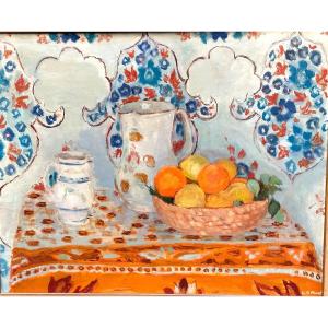 Georges André Klein 1901-1992 Large Oil Flowered Still Life Poetic Reality