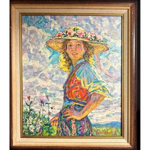 Amir Valiachmetov 1927 Large Oil Young Girl With Russian Bouquet