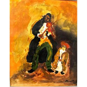 Mané-katz Judaica Gouache And Oil On Paper Jewish Violinist And Child Mane Katz
