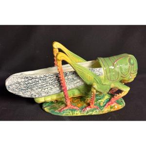 Massier Large Grasshopper In Barbotine Planter 1880 Jerome Or Delphin In Vallauris Criquet