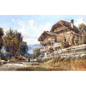 Jean Marc Dunant-vallier 1818-1888 Swiss Chalet With Lake And Mountains Watercolor Alps