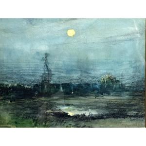 Pierre Reynaud 1881-1943 Landscape With The Pond And Full Moon Pastel Roanne